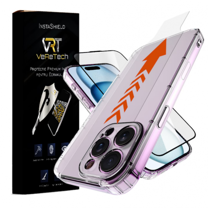 Kit de Husa din Silicon si Folie de Protectie Clear, InstaShield by VeReTech pentru iPhone 15, cu Kit de Aplicare Instanta Care Se Transforma in Husa si Functie Automata de Indepartare a Prafului, din [1]