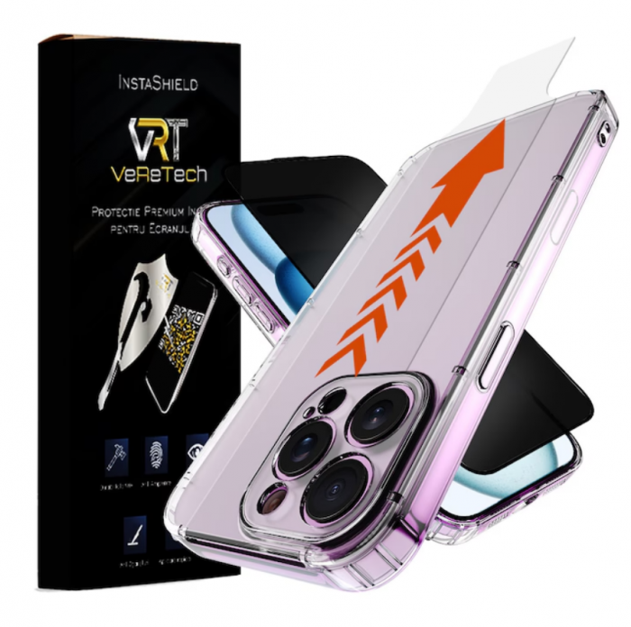 Kit de Husa din Silicon si Folie de Protectie Privacy, InstaShield by VeReTech pentru iPhone 15, cu Kit de Aplicare Instanta Care Se Transforma in Husa si Functie Automata de Indepartare a Prafului, d [1]