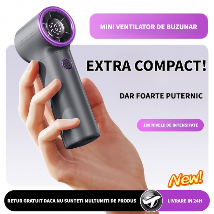 Mini Ventilator de Mana Ultra-Portabil MicroStorm by VeReTech, 13000 Rotatii pe Minut, 100 Nivele de Intensitate si Display Nivel Baterie, cu Cablu USB Tip C Inclus, 113x44.5x35.5mm, Crem [6]
