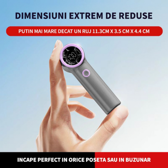 Mini Ventilator de Mana Ultra-Portabil MicroStorm by VeReTech, 13000 Rotatii pe Minut, 100 Nivele de Intensitate si Display Nivel Baterie, cu Cablu USB Tip C Inclus, 113x44.5x35.5mm, Gri [3]
