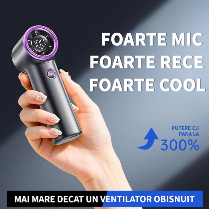 Mini Ventilator de Mana Ultra-Portabil MicroStorm by VeReTech, 13000 Rotatii pe Minut, 100 Nivele de Intensitate si Display Nivel Baterie, cu Cablu USB Tip C Inclus, 113x44.5x35.5mm, Gri [2]