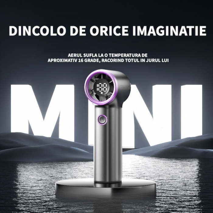 Mini Ventilator de Mana Ultra-Portabil MicroStorm by VeReTech, 13000 Rotatii pe Minut, 100 Nivele de Intensitate si Display Nivel Baterie, cu Cablu USB Tip C Inclus, 113x44.5x35.5mm, Gri [4]