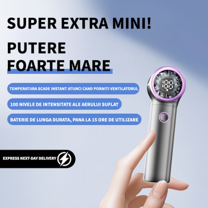 Mini Ventilator de Mana Ultra-Portabil MicroStorm by VeReTech, 13000 Rotatii pe Minut, 100 Nivele de Intensitate si Display Nivel Baterie, cu Cablu USB Tip C Inclus, 113x44.5x35.5mm, Mov [5]