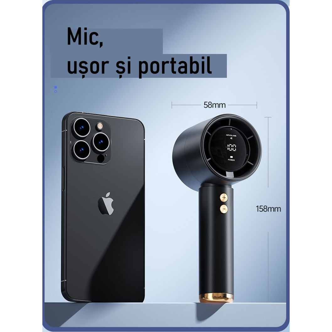 Ventilator de Mana Ultra-Compact BreezeMaster by VeReTech, Portabil, cu Ecran LCD, Puterea Turbinei, 100 Nivele de Intensitate si Display Nivel Baterie, Incarcare Rapida, cu Cablu USB Tip C Inclus, Al [7]