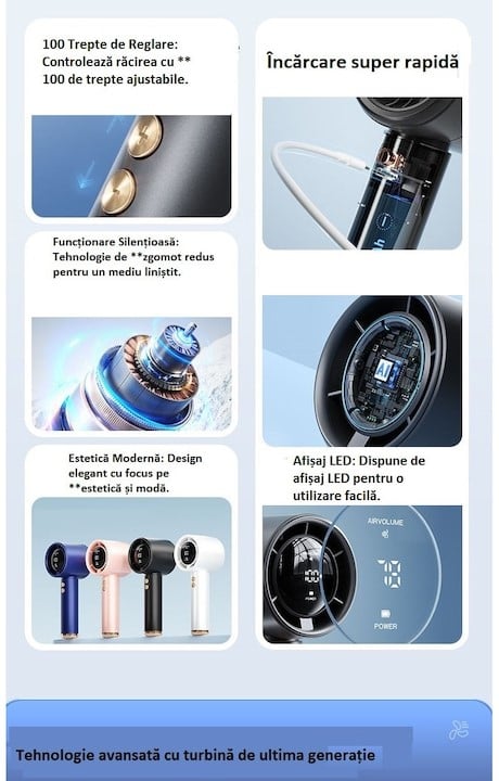 Ventilator de Mână Ultra-Compact BreezeMaster by VeReTech, Portabil, cu Ecran LCD, Puterea Turbinei, 100 Nivele de Intensitate și Display Nivel Baterie, Încărcare Rapidă, Cablu USB Tip C Inclus,Roz [3]