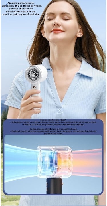 Ventilator de Mână Ultra-Compact BreezeMaster by VeReTech, Portabil, cu Ecran LCD, Puterea Turbinei, 100 Nivele de Intensitate și Display Nivel Baterie, Încărcare Rapidă, Cablu USB Tip C Inclus,Roz [5]