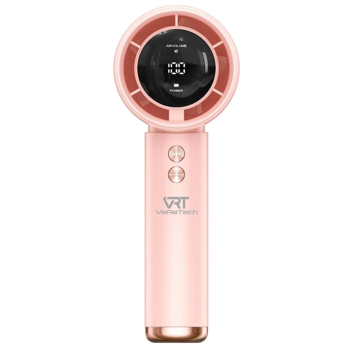 Ventilator de Mână Ultra-Compact BreezeMaster by VeReTech, Portabil, cu Ecran LCD, Puterea Turbinei, 100 Nivele de Intensitate și Display Nivel Baterie, Încărcare Rapidă, Cablu USB Tip C Inclus,Roz [1]