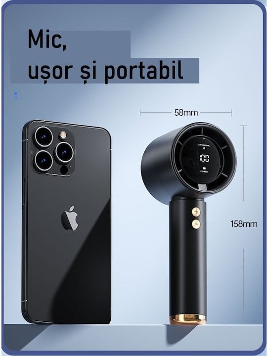 Ventilator de Mână Ultra-Compact BreezeMaster by VeReTech, Portabil, cu Ecran LCD, Puterea Turbinei, 100 Nivele de Intensitate și Display Nivel Baterie, Încărcare Rapidă, Cablu USB Tip C Inclus,Roz [2]