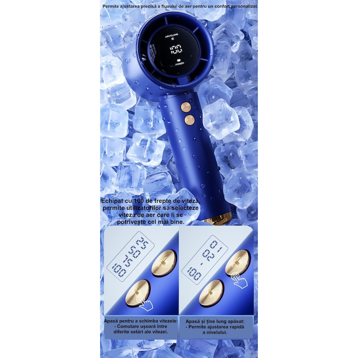 Ventilator de Mana Ultra-Compact BreezeMaster by VeReTech, Portabil, cu Ecran LCD, Puterea Turbinei, 100 Nivele de Intensitate si Display Nivel Baterie, Incarcare Rapida, cu Cablu USB Tip C Inclus, Al [3]