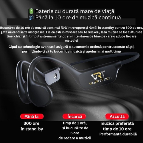 Casti Premium VeReTech, prin Conductie Osoasa, Wireless, Bluetooth 5.4, 200 Mah, High Definition Sound, Incarcare Magnetica, Capacitate de Stocare 32 GB, Negru [6]