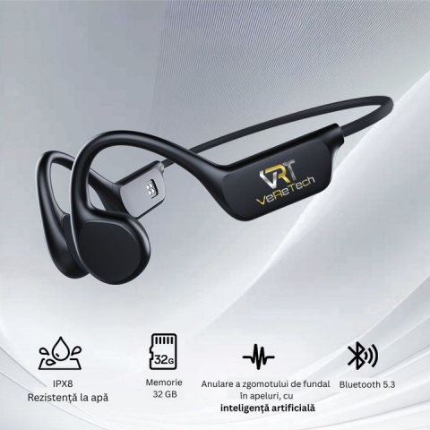 Casti Premium VeReTech, prin Conductie Osoasa, Wireless, Bluetooth 5.4, 200 Mah, High Definition Sound, Incarcare Magnetica, Capacitate de Stocare 32 GB, Negru [3]