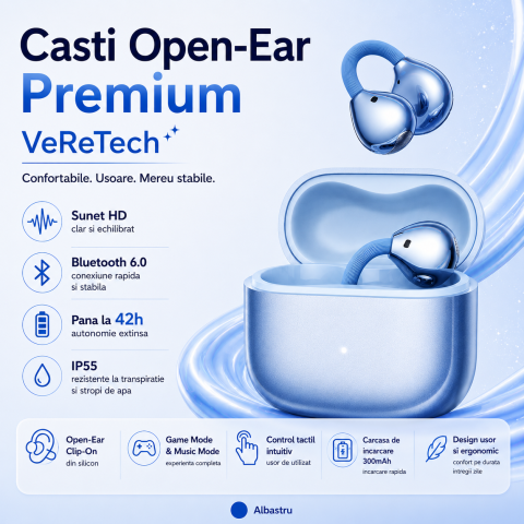 Casti Open-Ear Premium VeReTech Albastru cu Cercei Cristal Bluetooth 6.0 [6]