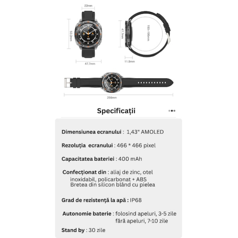 Ceas SmartWatch Premium cu ChatGPT, by VeReTech, Cadran Rotativ, Ecran Amoled de 1.43 inch, 466*466 Pixeli, IP68, Bluetooth 5.4, Spo2, Ritm Cardiac, Somn, 200 Moduri Sport, Comenzi Vocale prin AI [8]