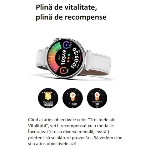 Ceas SmartWatch Premium de Dama, VeReTech, Argintiu, Ecran Super Amoled de 1.32 inch, cu 2 Bratari, 466*466 Pixeli, IP68, Bluetooth 5.3, NFC, cu 37 Aplicatii, Spo2, Ritm Cardiac, Tensiune, Somn, Multi [3]