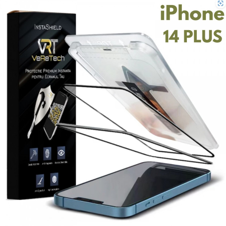 Folii de Protecție InstaShield by VeReTech pentru iPhone - Folie de Protecție Clear, InstaShield by VeReTech pentru iPhone 14 Plus, cu Kit de Aplicare Instantă și Funcție Automată de Îndepărtare a Prafului, din Sticlă Securizată 9H+, Claritate Super HD, Trata