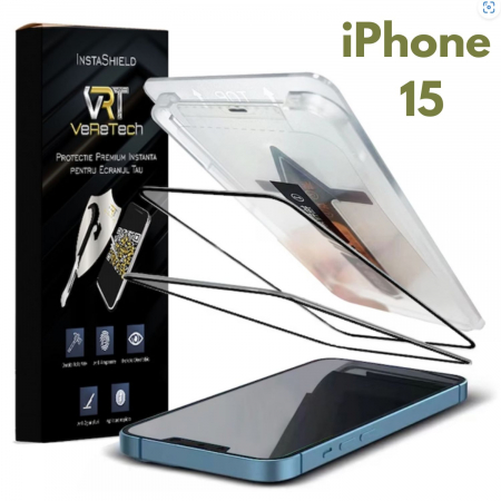 Folii de Protecție InstaShield by VeReTech pentru iPhone - Folie de Protecție Clear, InstaShield by VeReTech pentru iPhone 15, cu Kit de Aplicare Instantă și Funcție Automată de Îndepărtare a Prafului, din Sticlă Securizată 9H+, Ultra Claritate Super HD
