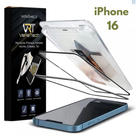 Folii de Protecție InstaShield by VeReTech pentru iPhone - Folie de Protecție Clear, InstaShield by VeReTech pentru iPhone 16, cu Kit de Aplicare Instantă și Funcție Automată de Îndepărtare a Prafului, din Sticlă Securizată 9H+, Claritate Super HD, Tratament