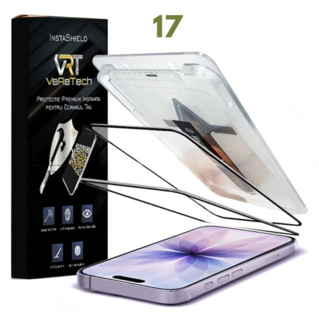 Folii de Protecție InstaShield by VeReTech pentru iPhone - Folie de Protectie Clear, InstaShield by VeReTech pentru iPhone 17, cu Kit de Aplicare Instanta si Functie Automata de Indepartare a Prafului, din Sticla Securizata 9H+, Claritate Super HD, Tratament