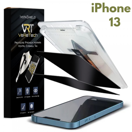 Folii de Protecție InstaShield by VeReTech pentru iPhone - Folie de Protecție Privacy InstaShield by VeReTech pentru iPhone 13, cu Kit de Aplicare Instantă și Funcție Automată de Îndepărtare a Prafului, din Sticlă Securizată 9H+, Ultra Claritate Super HD