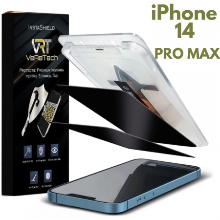Folii de Protecție InstaShield by VeReTech pentru iPhone - Folie de Protecție Privacy InstaShield by VeReTech pentru iPhone 14 Pro Max, cu Kit de Aplicare Instantă și Funcție Automată de Îndepărtare a Prafului, din Sticlă Securizată 9H+, Ultra Claritate