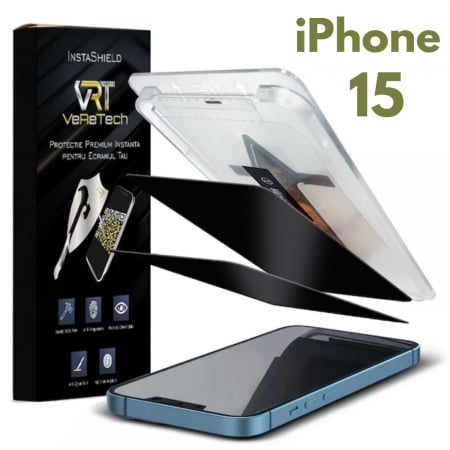 Folii de Protecție InstaShield by VeReTech pentru iPhone - Folie de Protectie Privacy InstaShield by VeReTech pentru iPhone 15, cu Kit de Aplicare Instanta si Functie Automata de Indepartare a Prafului, din Sticla Securizata 9H+, Ultra Claritate Super HD, Tra