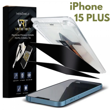 Folii de Protecție InstaShield by VeReTech pentru iPhone - Folie de Protectie Privacy InstaShield by VeReTech pentru iPhone 15 Plus, cu Kit de Aplicare Instanta si Functie Automata de Indepartare a Prafului, din Sticla Securizata 9H+, Ultra Claritate Super HD