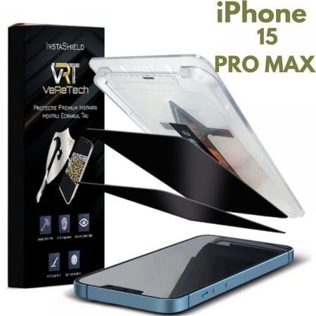 Folii de Protecție InstaShield by VeReTech pentru iPhone - Folie de Protecție Privacy InstaShield by VeReTech pentru iPhone 15 Pro Max, cu Kit de Aplicare Instantă și Funcție Automată de Îndepărtare a Prafului, din Sticlă Securizată 9H+, Ultra Claritate Super