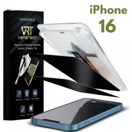 Folii de Protecție InstaShield by VeReTech pentru iPhone - Folie de Protectie Privacy, InstaShield by VeReTech pentru iPhone 16, cu Kit de Aplicare Instanta si Functie Automata de Indepartare a Prafului, din Sticla Securizata 9H+, Claritate Super HD