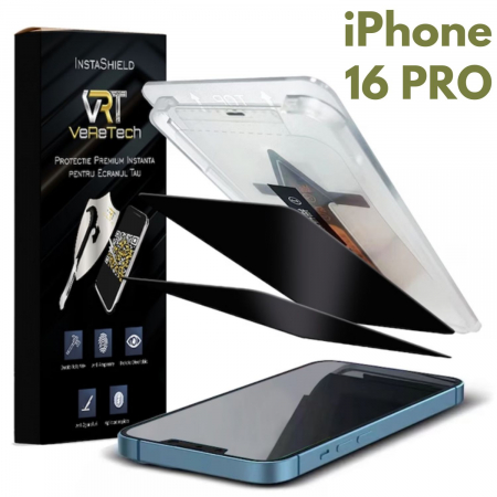 Folii de Protecție InstaShield by VeReTech pentru iPhone - Folie de Protecție Privacy, InstaShield by VeReTech pentru iPhone 16 Pro, cu Kit de Aplicare Instantă și Funcție Automată de Îndepărtare a Prafului, din Sticlă Securizată 9H+, Claritate Super HD