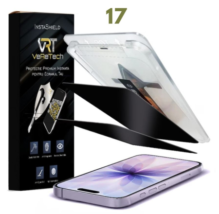 Folii de Protecție InstaShield by VeReTech pentru iPhone - Folie de Protectie Privacy, InstaShield by VeReTech pentru iPhone 17, cu Kit de Aplicare Instanta si Functie Automata de Indepartare a Prafului, din Sticla Securizata 9H+, Claritate Super HD, Tratamen
