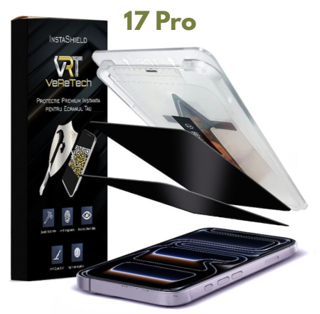 Folii de Protecție InstaShield by VeReTech pentru iPhone - Folie de Protectie Privacy, InstaShield by VeReTech pentru iPhone 17 Pro, cu Kit de Aplicare Instanta si Functie Automata de Indepartare a Prafului, din Sticla Securizata 9H+