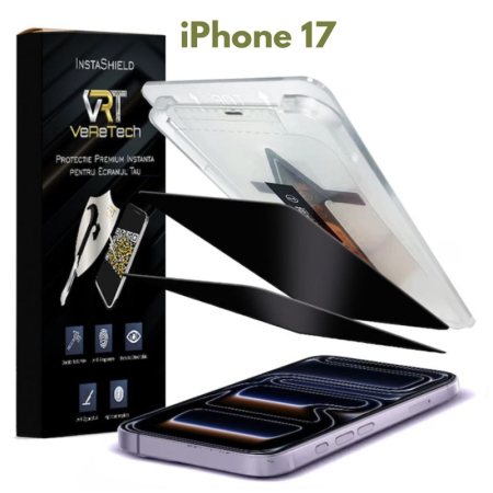 Folii de Protecție InstaShield by VeReTech pentru iPhone - Folie de Protectie Privacy, InstaShield by VeReTech pentru iPhone 17 Pro Max, cu Kit de Aplicare Instanta si Functie Automata de Indepartare a Prafului, din Sticla Securizata 9H+, Claritate Super HD,