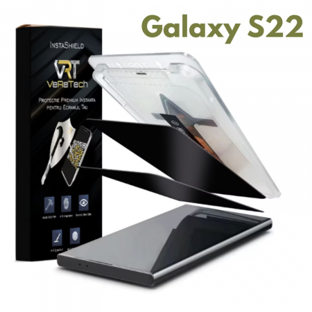 Folii de Protecție InstaShield by VeReTech pentru Samsung - Folie de Protectie Privacy InstaShield by VeReTech pentru Samsung Galaxy S22, cu Kit de Aplicare Instanta si Functie Automata de Indepartare a Prafului, din Sticla Securizata 9H+, Claritate Super HD,