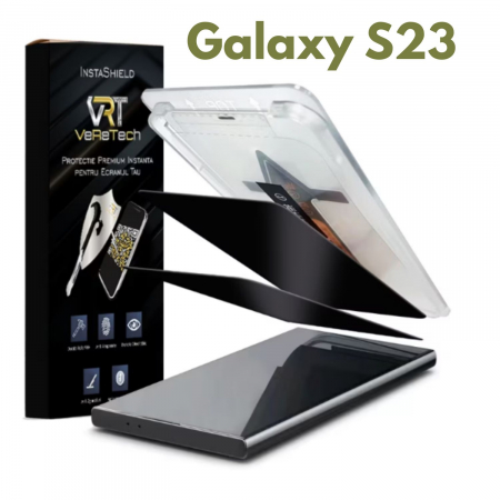 Folii de Protecție InstaShield by VeReTech pentru Samsung - Folie de Protectie Privacy InstaShield by VeReTech pentru Samsung Galaxy S23, cu Kit de Aplicare Instanta si Functie Automata de Indepartare a Prafului, din Sticla Securizata 9H+, Claritate Super HD,