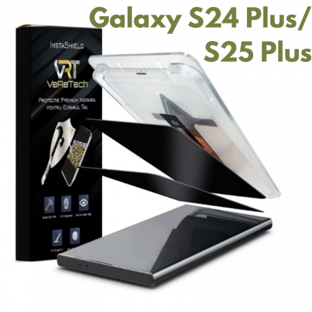Folii de Protecție InstaShield by VeReTech pentru Samsung - Folie de Protectie Privacy InstaShield by VeReTech pentru Samsung Galaxy S24 Plus/ S25 Plus, cu Kit de Aplicare Instanta si Functie Automata de Indepartare a Prafului, din Sticla Securizata 9H+