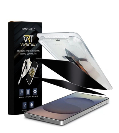 Folii de Protecție InstaShield by VeReTech pentru Samsung - Folie de Protectie Privacy, InstaShield by VeReTech pentru Samsung Galaxy S25, cu Kit de Aplicare Instanta si Functie Automata de Indepartare a Prafului, din Sticla Securizata 9H+, Claritate Super HD,