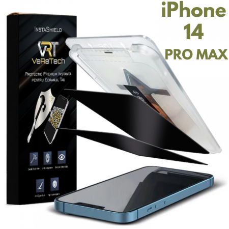 Folii de Protecție InstaShield by VeReTech pentru iPhone - Folie Protecție Privacy InstaShield by VeReTech pentru iPhone 14 Pro Max, cu Kit de Aplicare Instantă și Funcție Automată de Îndepărtare a Prafului, din Sticlă Securizată 9H+, Ultra Claritate Super