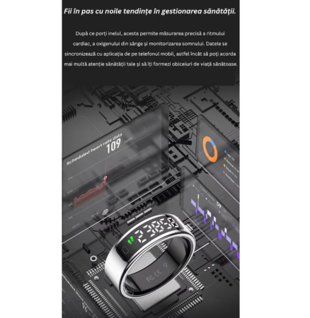 Inel Inteligent Smart Ring Marimea 13, by VeReTech, cu Monitorizare Avansata, Puls, Pasi, Somn, Calorii si Stres, Afisaj LED, Functie de Controller, Bluetooth, Rezistent la Apa 1 ATM, Compatibil Andro [10]
