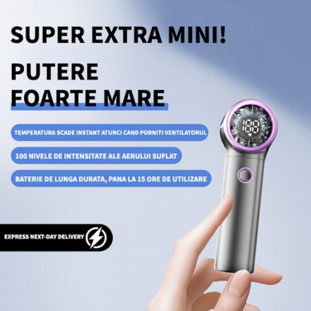 Mini Ventilator de Mana Ultra-Portabil MicroStorm by VeReTech, 13000 Rotatii pe Minut, 100 Nivele de Intensitate si Display Nivel Baterie, cu Cablu USB Tip C Inclus, 113x44.5x35.5mm, Crem [4]