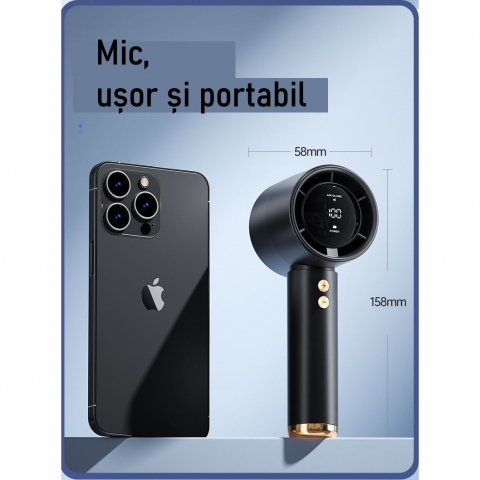 Ventilator de Mana Ultra-Compact BreezeMaster by VeReTech, Portabil, cu Ecran LCD, Puterea Turbinei, 100 Nivele de Intensitate si Display Nivel Baterie, Incarcare Rapida, cu Cablu USB Tip C Inclus, Al [6]