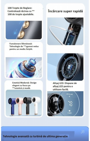 Ventilator de Mână Ultra-Compact BreezeMaster by VeReTech, Portabil, cu Ecran LCD, Puterea Turbinei, 100 Nivele de Intensitate și Display Nivel Baterie, Încărcare Rapidă, Cablu USB Tip C Inclus,Roz [2]