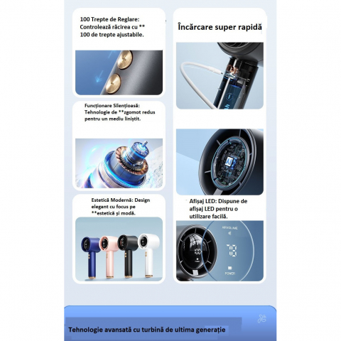 Ventilator de Mana Ultra-Compact BreezeMaster by VeReTech, Portabil, cu Ecran LCD, Puterea Turbinei, 100 Nivele de Intensitate si Display Nivel Baterie, Incarcare Rapida, cu Cablu USB Tip C Inclus, Al [1]