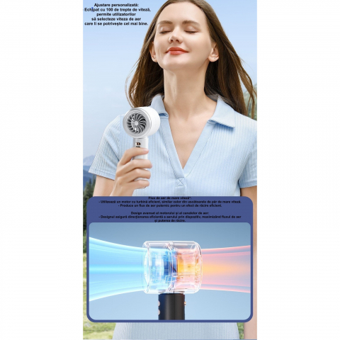 Ventilator de Mana Ultra-Compact BreezeMaster by VeReTech, Portabil, cu Ecran LCD, Puterea Turbinei, 100 Nivele de Intensitate si Display Nivel Baterie, Incarcare Rapida, cu Cablu USB Tip C Inclus, Al [2]