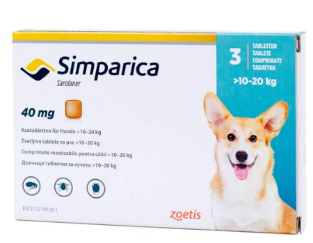 Antiparazitare Externe Caini - Simparica 40 mg este un antiparazitar extern și intern pentru câini de 10–20 kg, oferind protecție completă împotriva puricilor, căpușelor și acarienilor timp de 30 de zile. Ușor de administrat, cu gust plăcut.