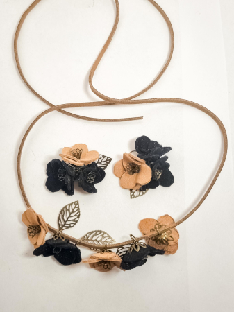 Cercei Unicat piele FLORI - Set cercei cu pandant din piele naturala FLORI