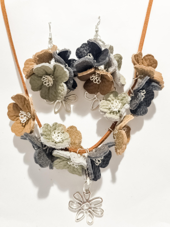 Cercei Unicat piele FLORI - Set cercei cu pandant din piele naturala FLORI