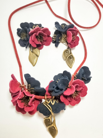 Cercei Unicat piele FLORI - Set cercei cu pandant din piele naturala FLORI