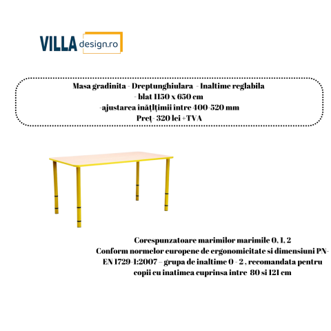 Mobilier școlar - Masa gradinita - Dreptunghiulara  - Inaltime reglabila