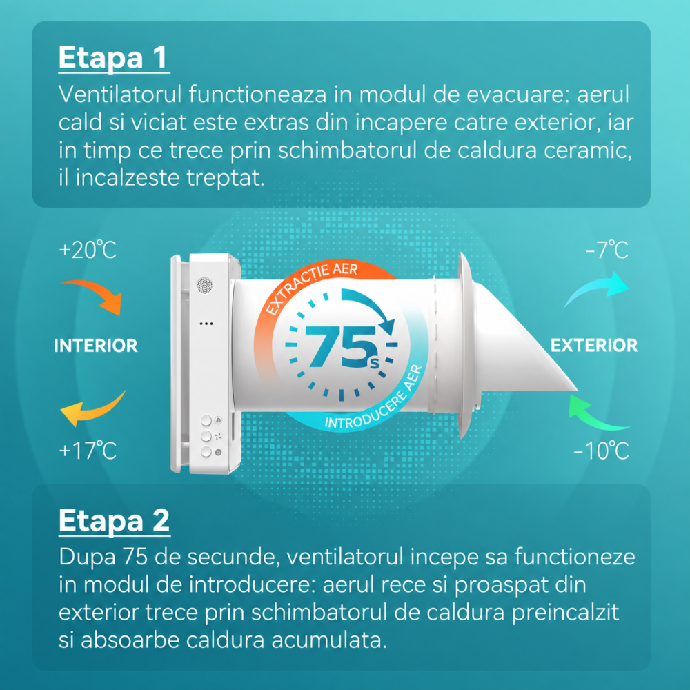 Recuperator de caldura AirLand Single Room cu senzor de umiditate si control WiFi, flux de aer reversibil, schimbator ceramic [3]