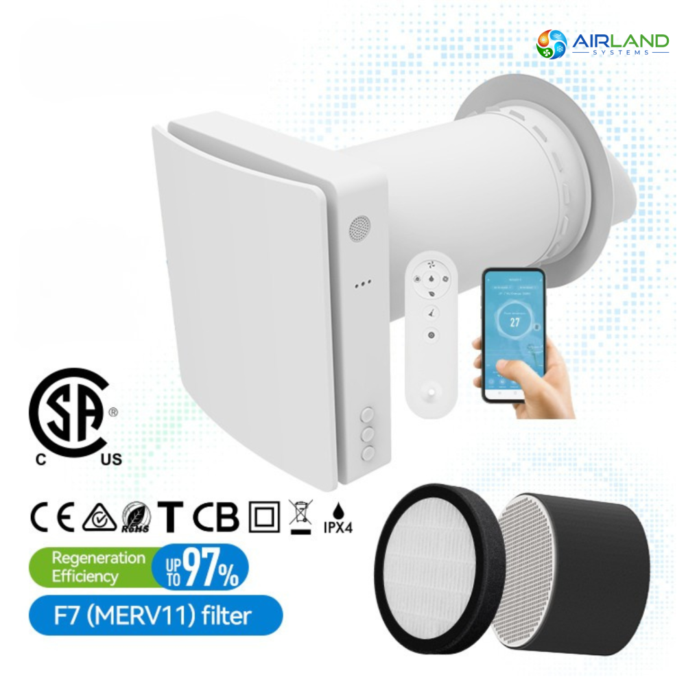 Recuperator de caldura AirLand Single Room cu senzor de umiditate si control WiFi, flux de aer reversibil, schimbator ceramic [2]